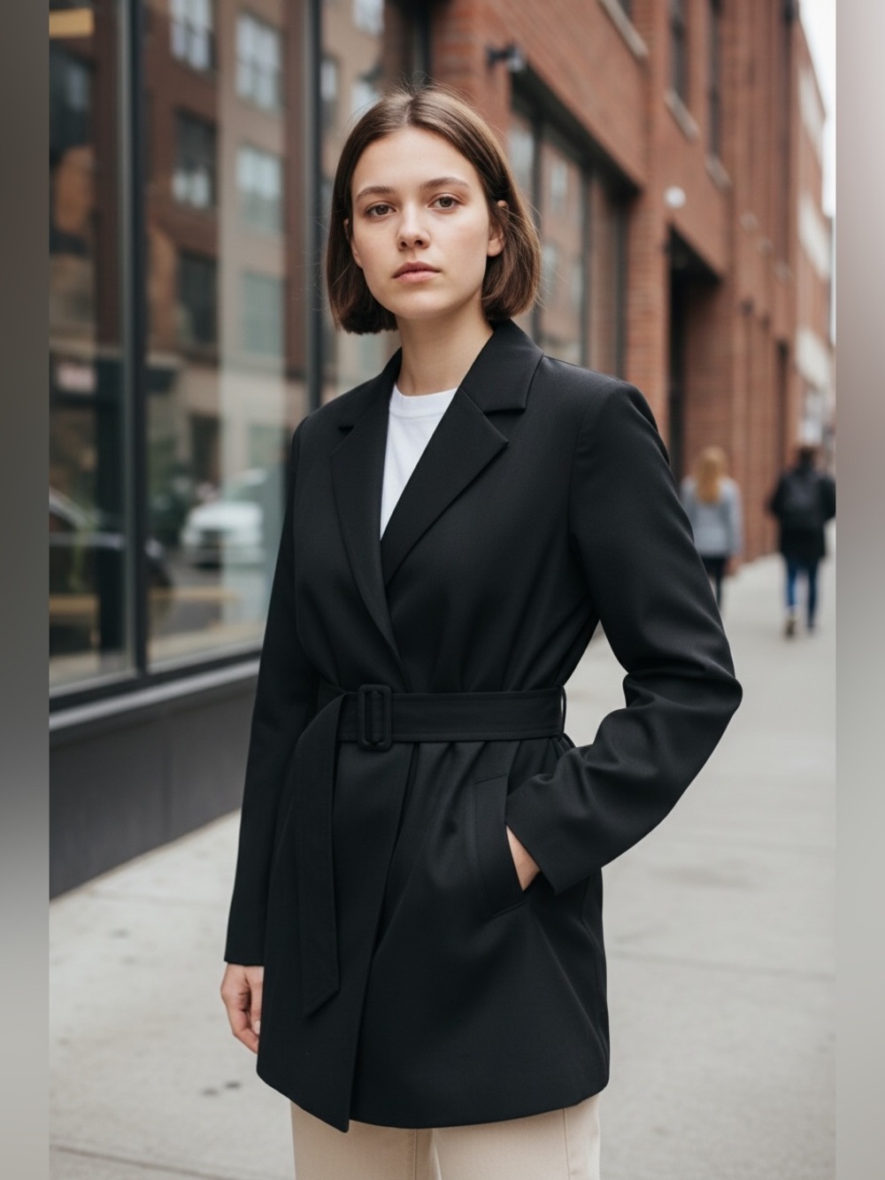 PAIGE blazer, black, size Large, belted, satin, one button,